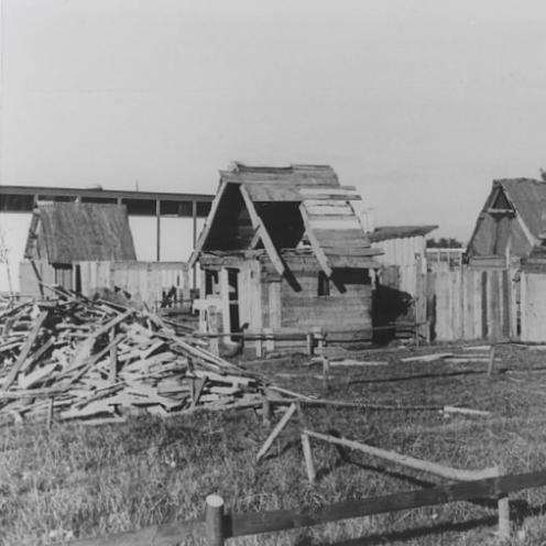 Sort-hvid foto af halvfærdige træhytter i en indhegning.