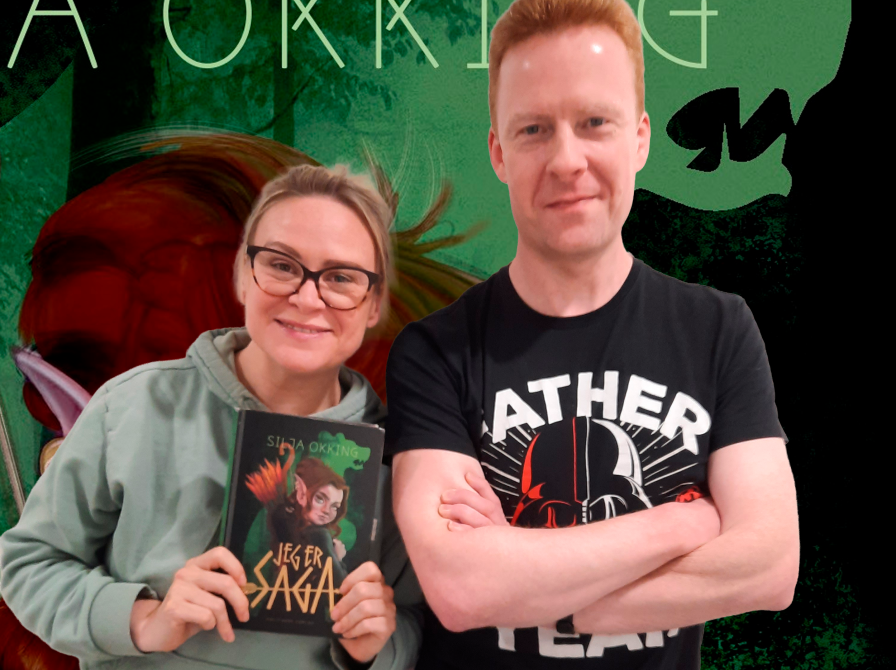 Silja og Bjarne ved siden af hinanden med Siljas bog i bog i baggrunden